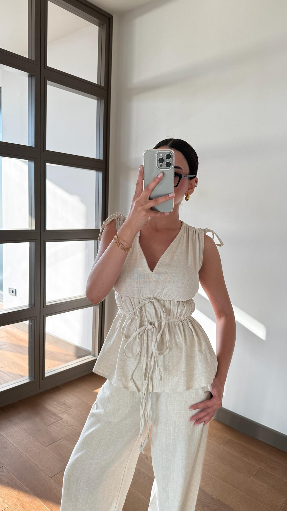Naturel Lastik Detay Bluz Pantolon Takım