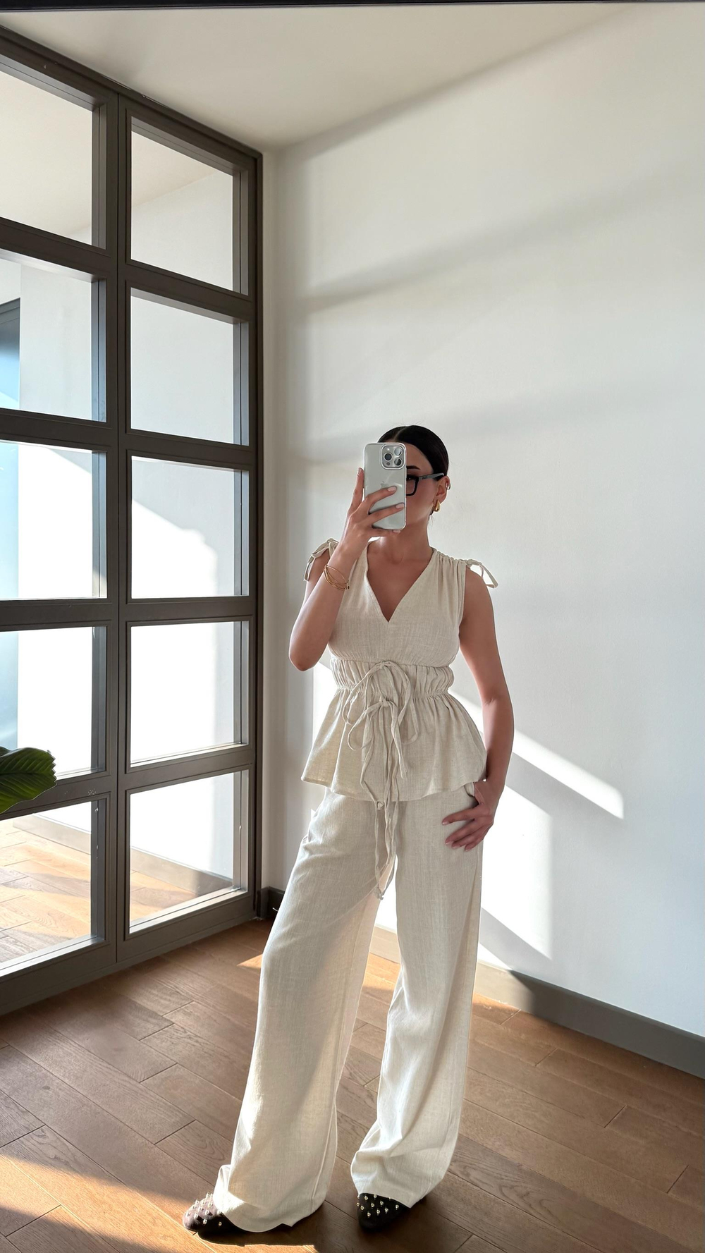 Naturel Lastik Detay Bluz Pantolon Takım