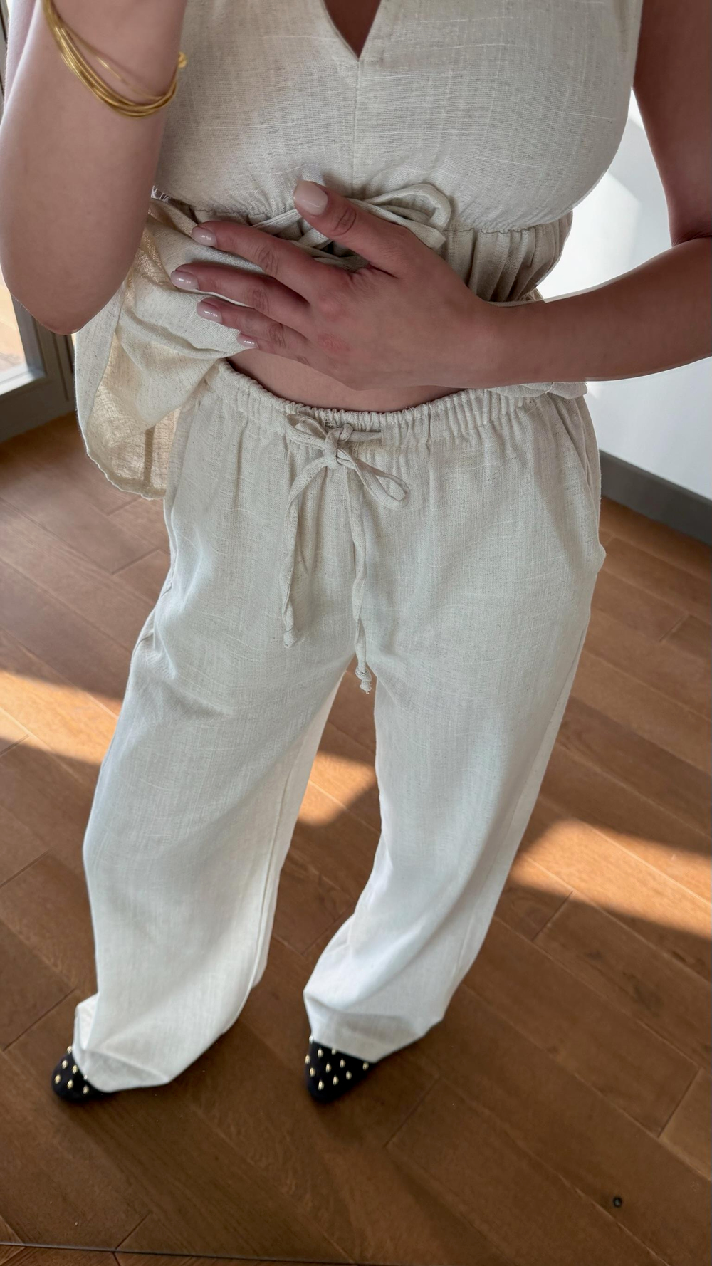 Naturel Lastik Detay Bluz Pantolon Takım