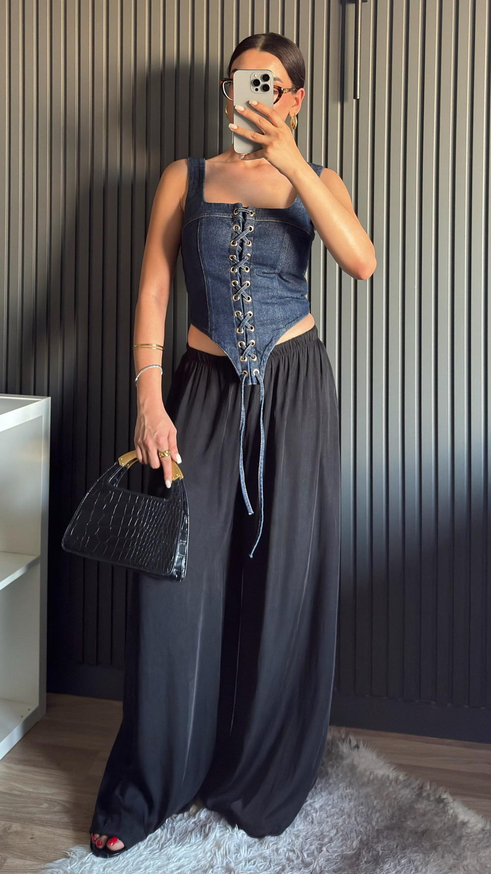 Saten Palazzo Pantolon Siyah