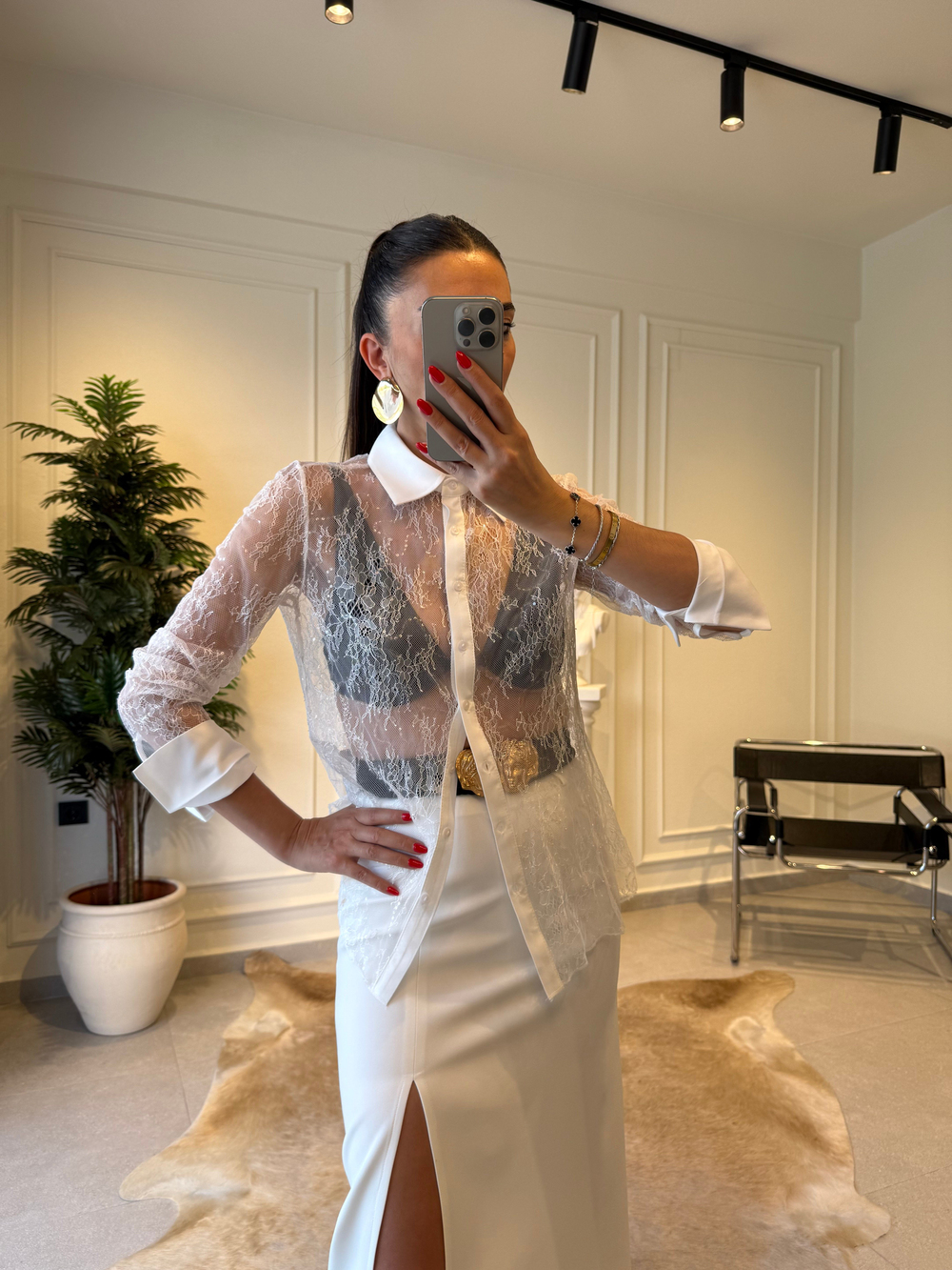 Beyaz Dantelli Slim Fit Gömlek