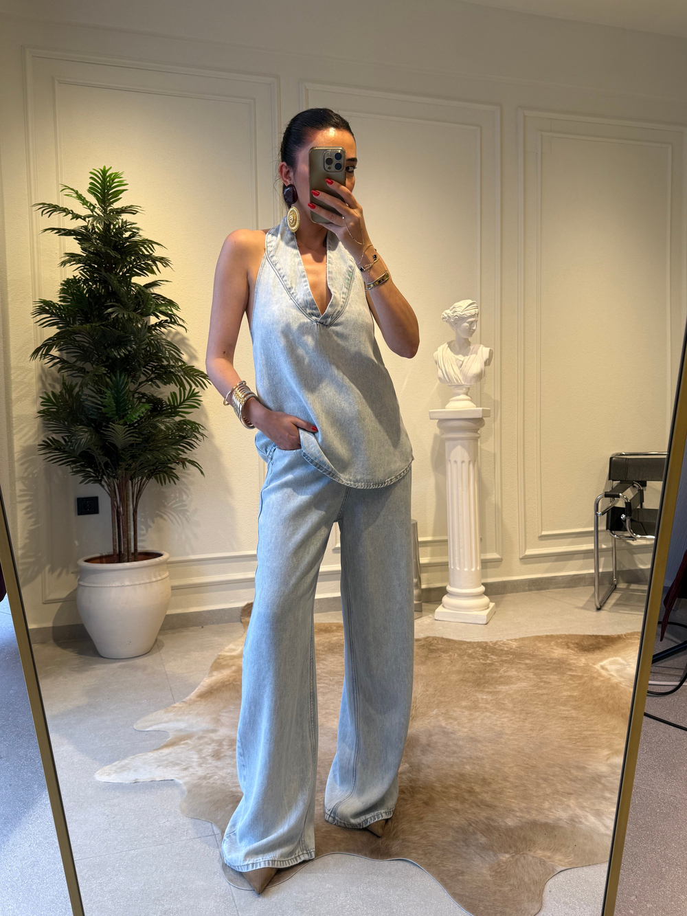 Buz Mavi Halter Yaka Bluz Pantolon Takım