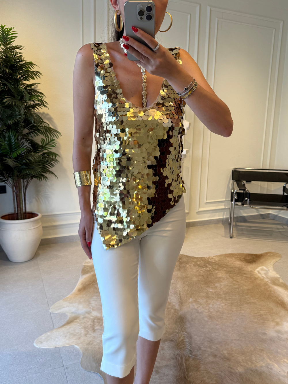 Gold Asimetrik Kesim Payetli Bluz
