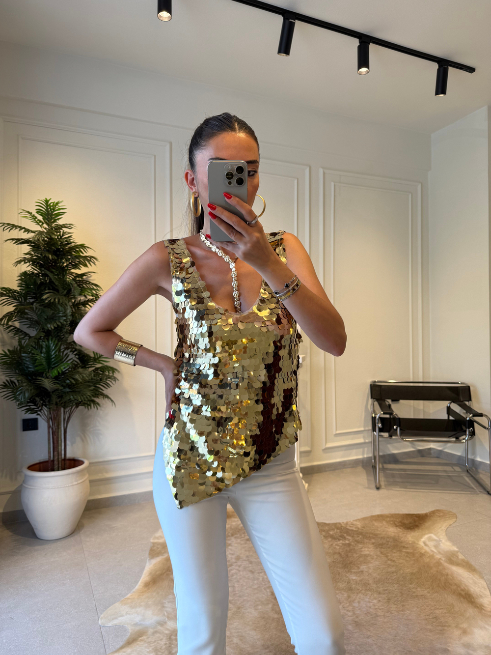 Gold Asimetrik Kesim Payetli Bluz