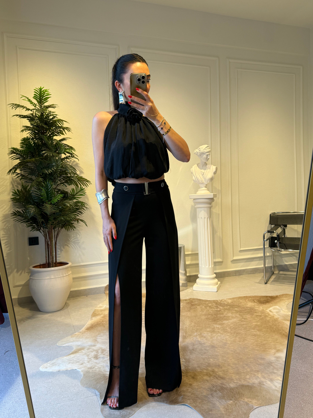 Kemerli Çift Yırtmaçlı Palazzo Pantolon 