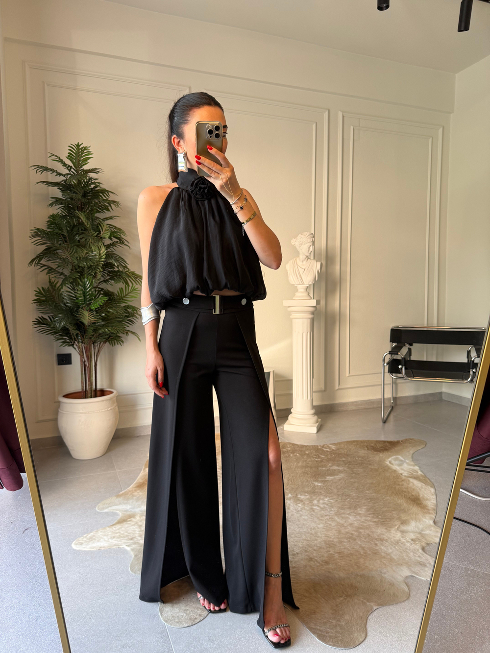 Kemerli Çift Yırtmaçlı Palazzo Pantolon 