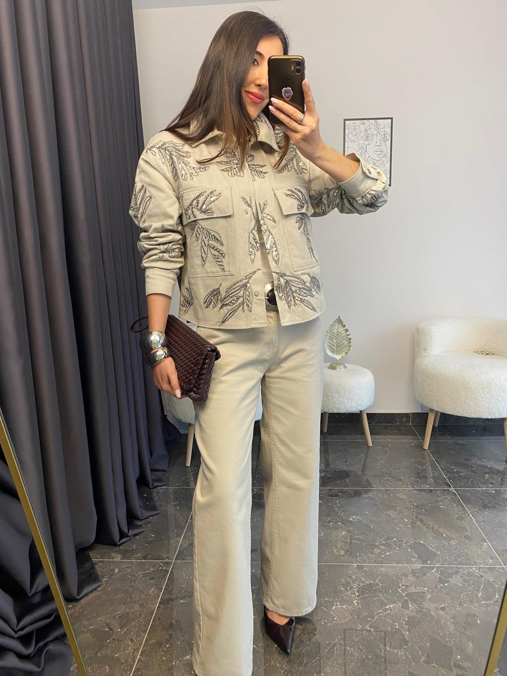 nakış pul payet işlemeli denim ceket