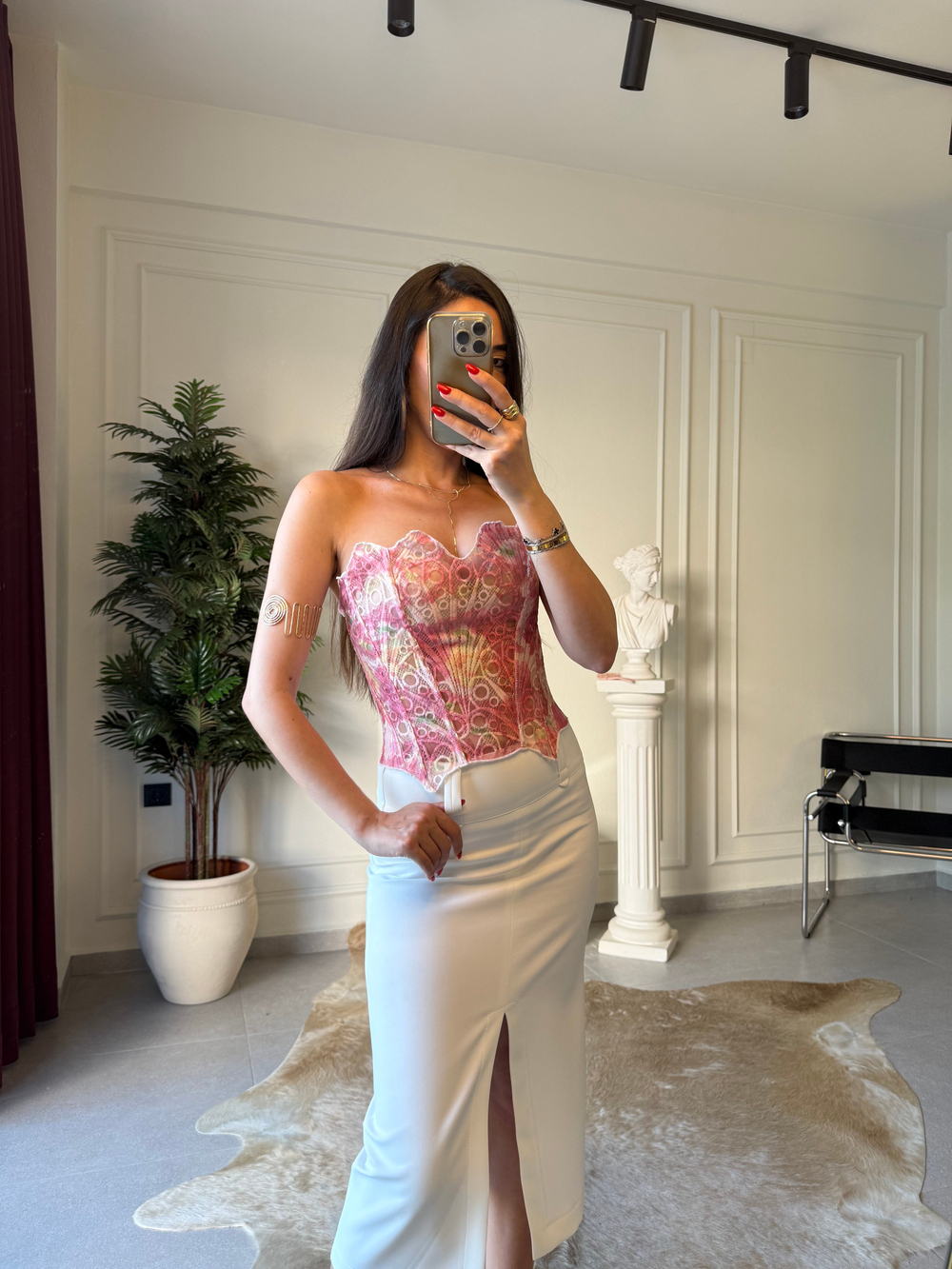 Pembe Desenli Transparan Korse Bluz 