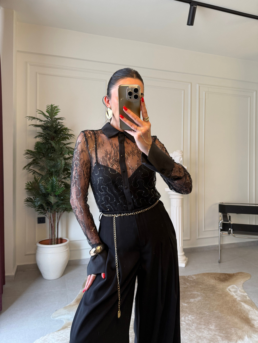 Siyah Dantel Slim Fit Gömlek