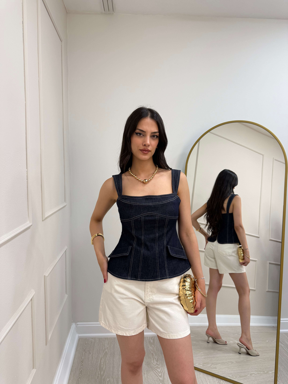 LACİVERT DENİM KORSE BLUZ