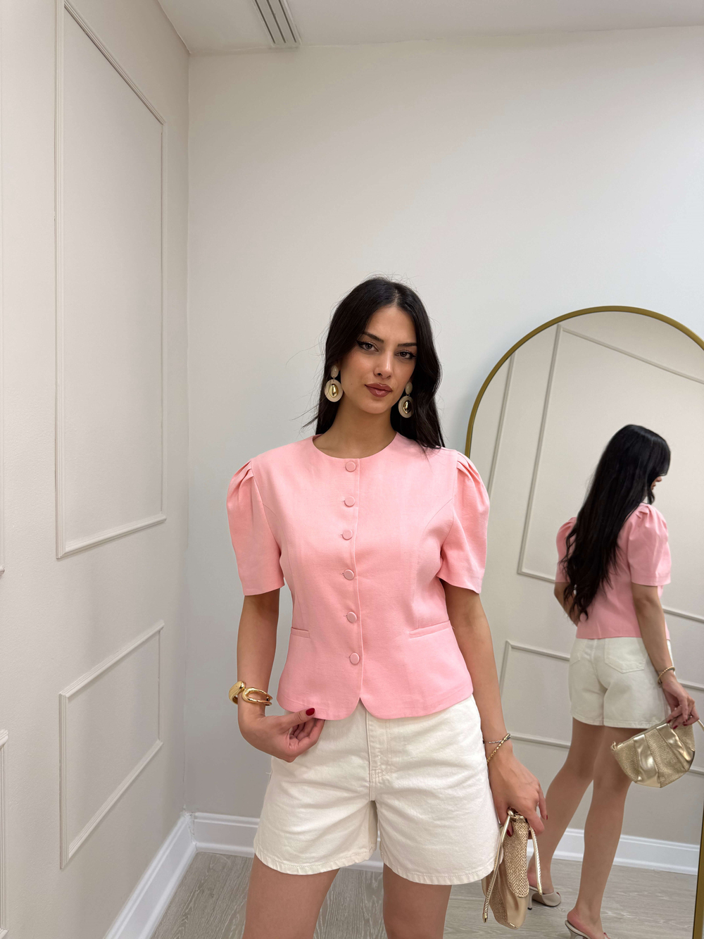 PEMBE KISA KOL DÜĞMELİ CEKET