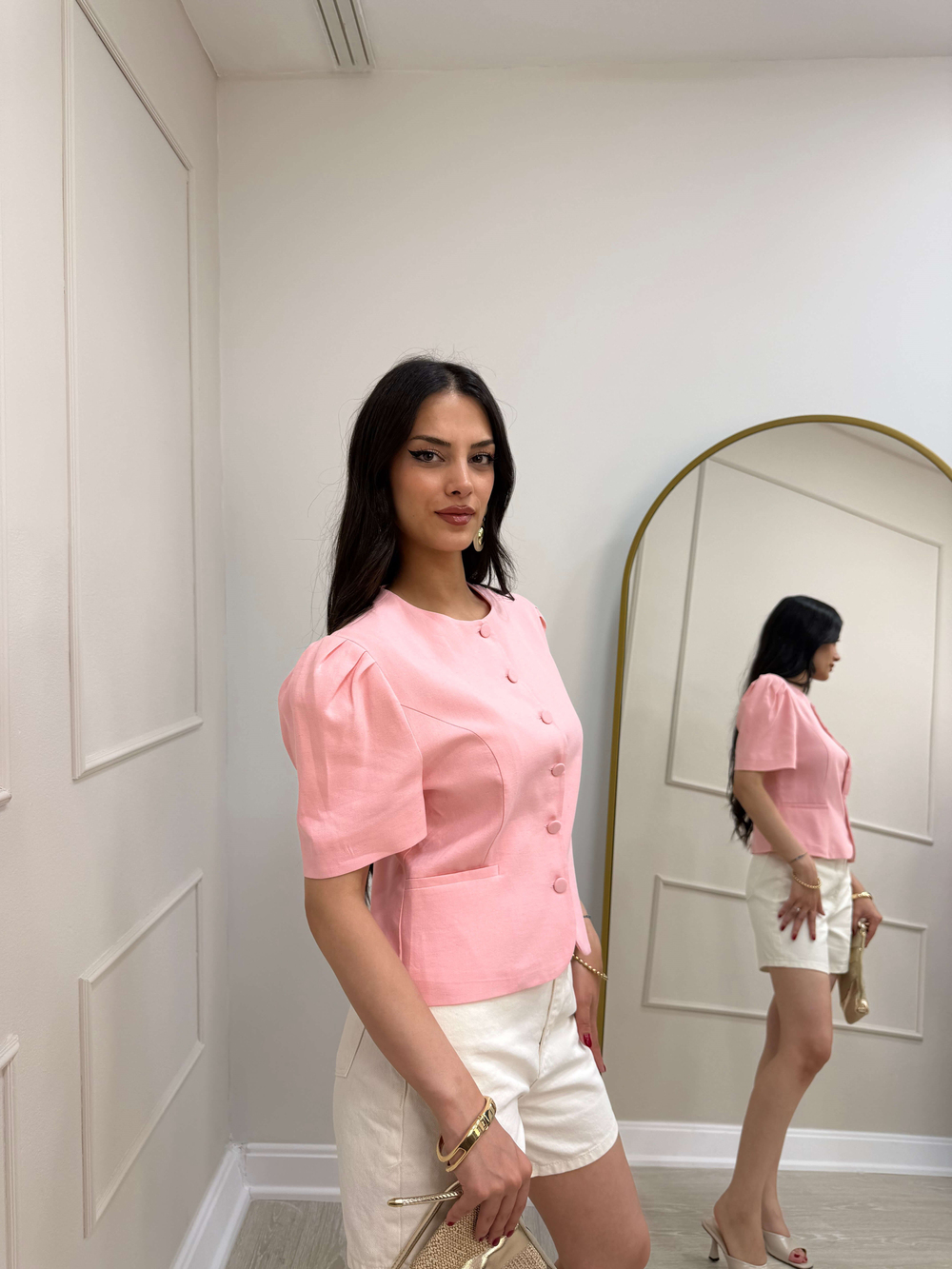 PEMBE KISA KOL DÜĞMELİ CEKET