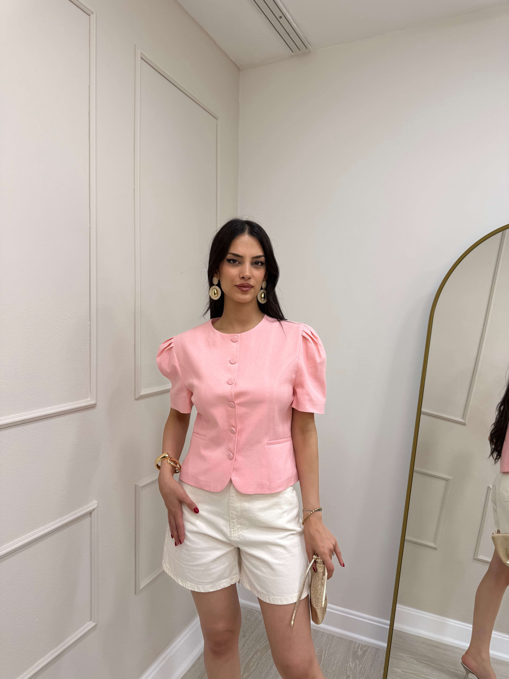 PEMBE KISA KOL DÜĞMELİ CEKET