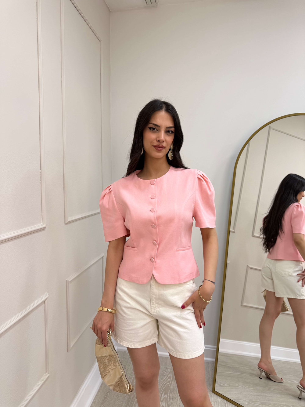 PEMBE KISA KOL DÜĞMELİ CEKET