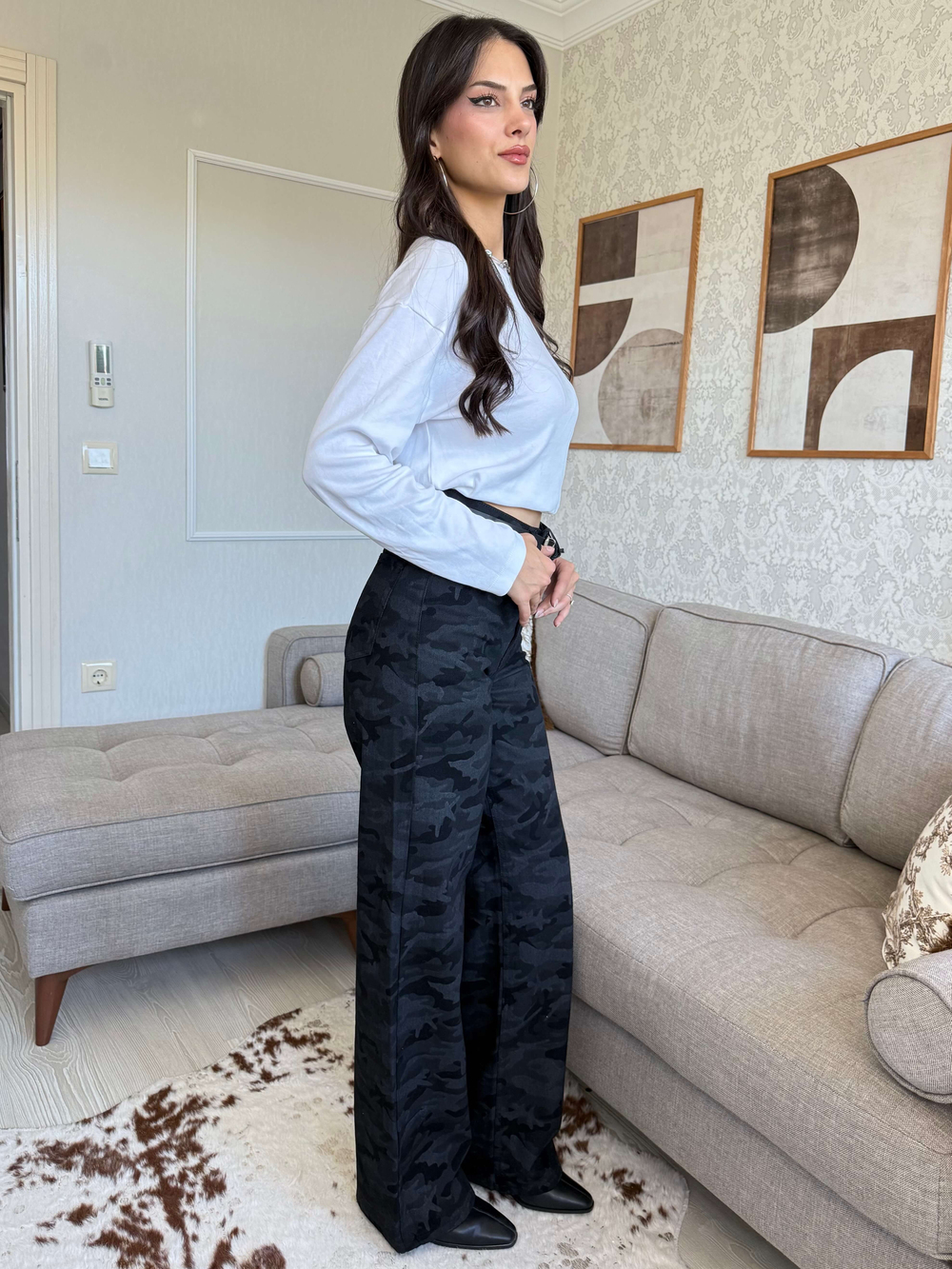 SİYAH KAMUFLAJ KEMERLİ PANTOLON