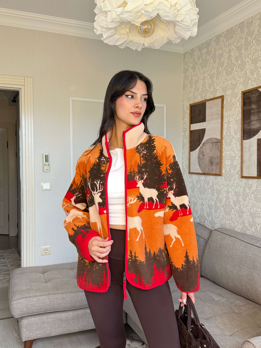TURUNCU GEYİK DESENLİ POLAR HIRKA