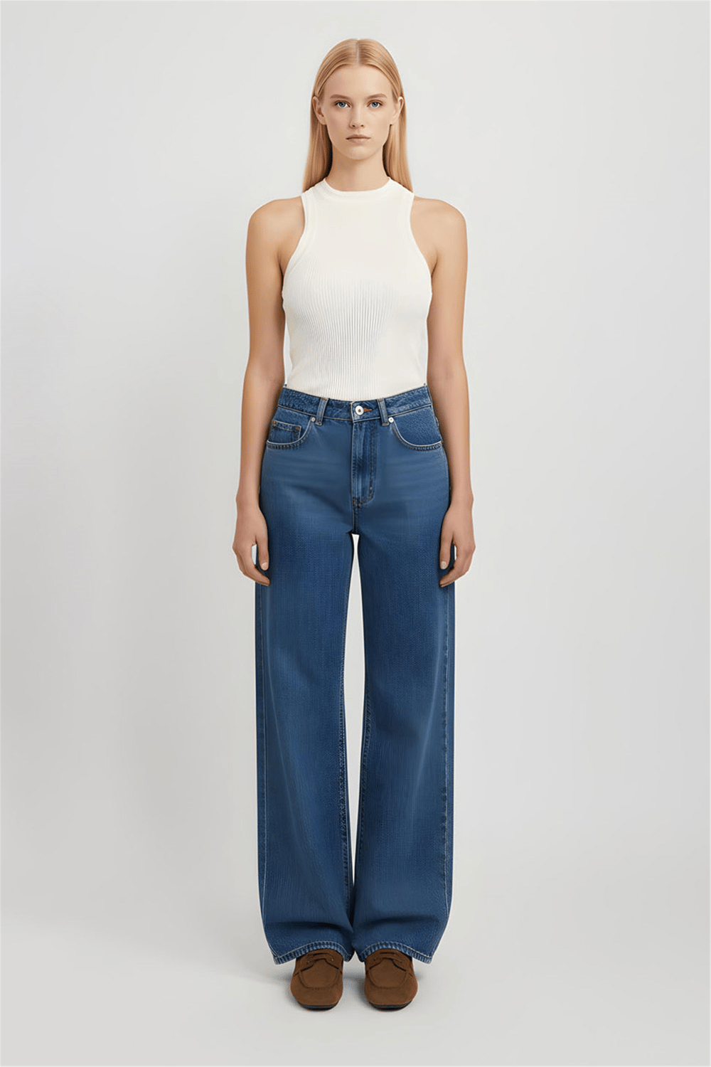Beyaz Yüksek Bel Geniş Paça Denim Pantolon