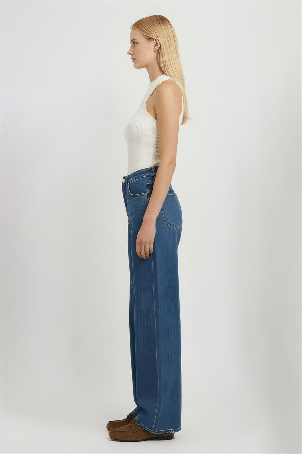 Beyaz Yüksek Bel Geniş Paça Denim Pantolon