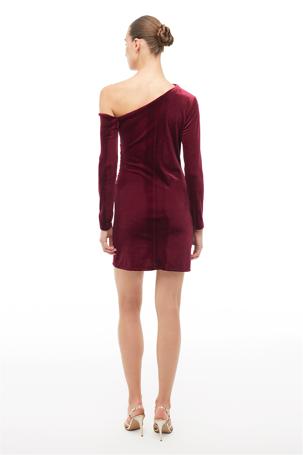 Bordo Asimetrik Yaka Tek Kol Mini Elbise