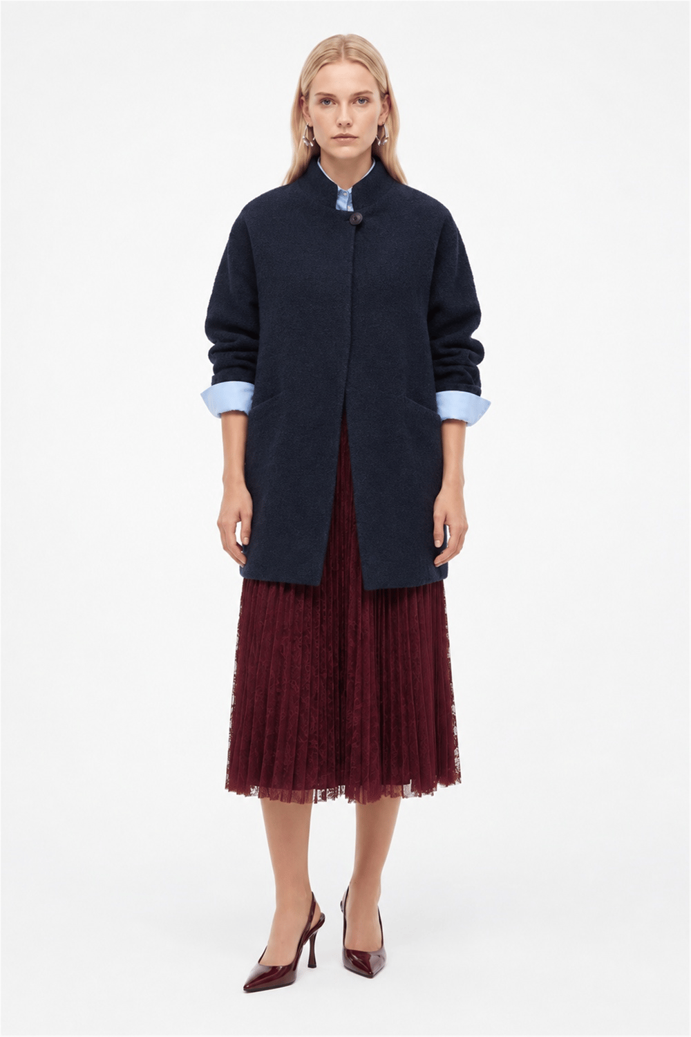 Lacivert Dik Yaka Oversize Kaban