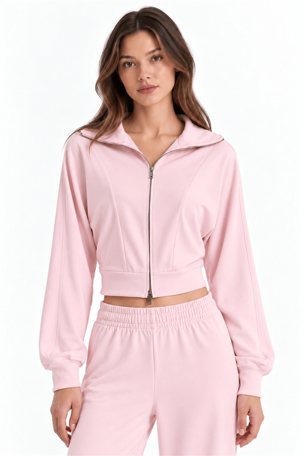 Pembe Fermuarlı Crop Eşofman Takımı