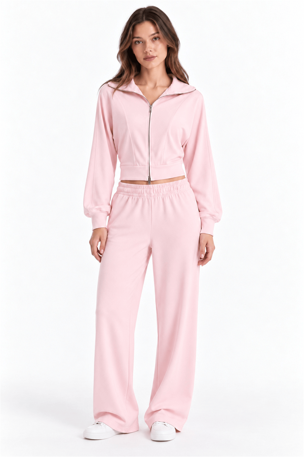 Pembe Fermuarlı Crop Eşofman Takımı