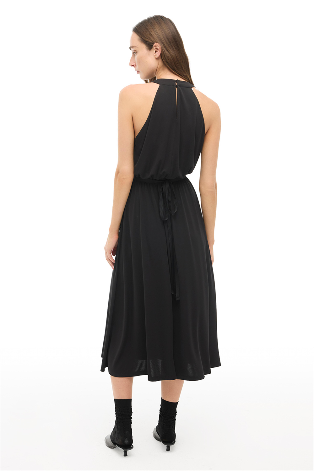 Siyah Bisiklet Yaka Slim Fit Uzun Elbise