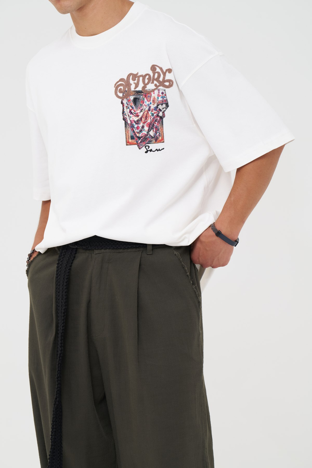 Folk Drapery Oversize Erkek Tişört Ekru