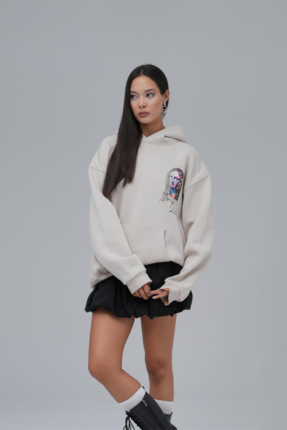 Mona Lisa Shooting Star Oversize Sweatshirt Kadın Stone