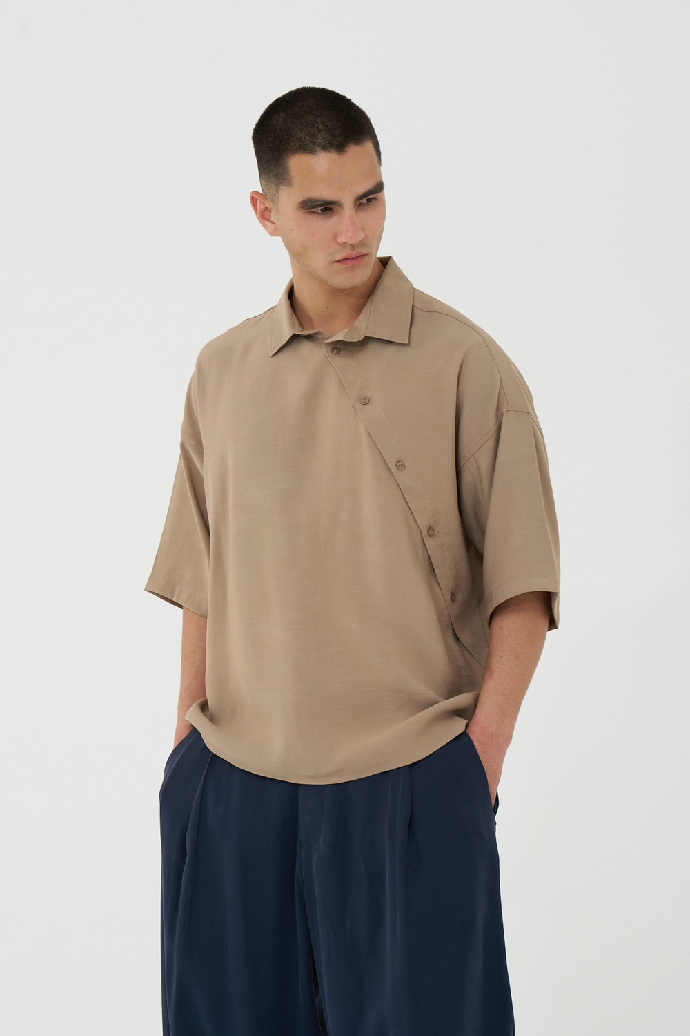 Offset Oversize Erkek Gömlek Bej