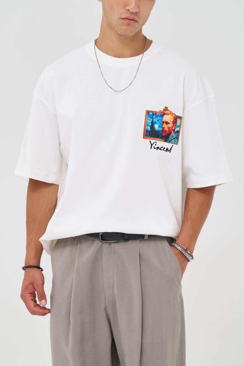 Vincent Starry Portrait Oversize Erkek Tişört Ekru