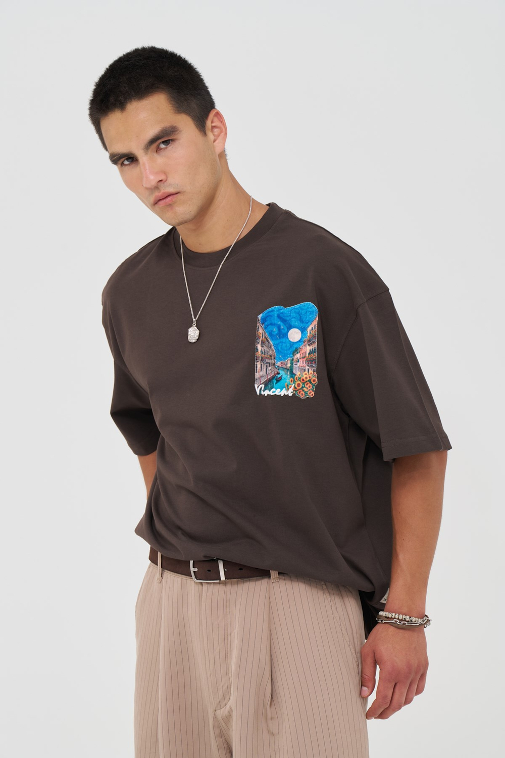 Vincent Venice Oversize Erkek Tişört Kahverengi