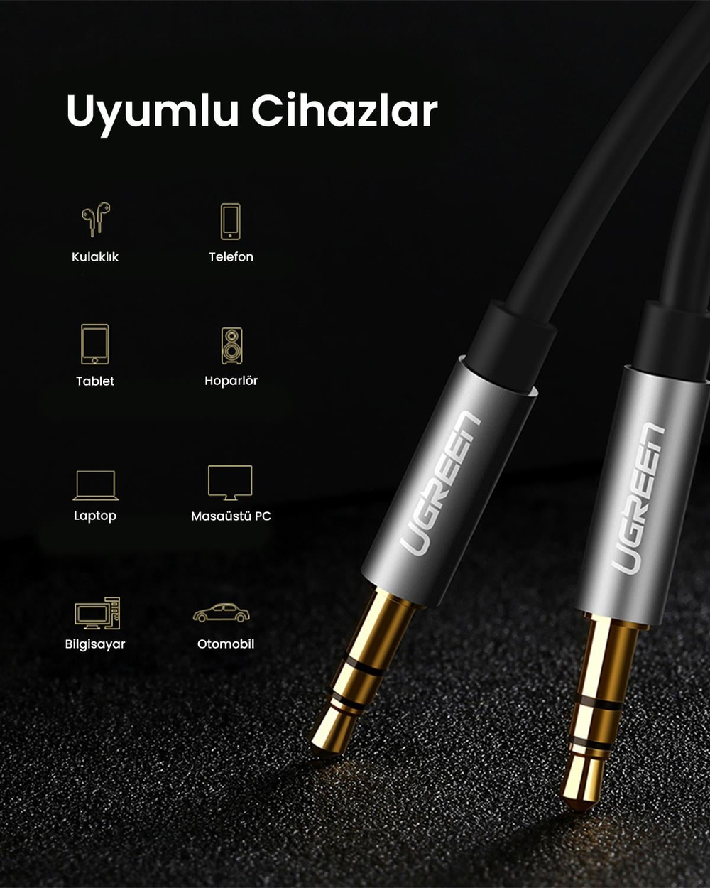 UGREEN 3.5mm Aux Ses Kablosu, 2m, Siyah, 10735