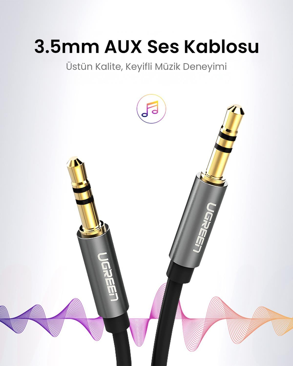 UGREEN 3.5mm Aux Ses Kablosu, 50cm, Siyah, 10732