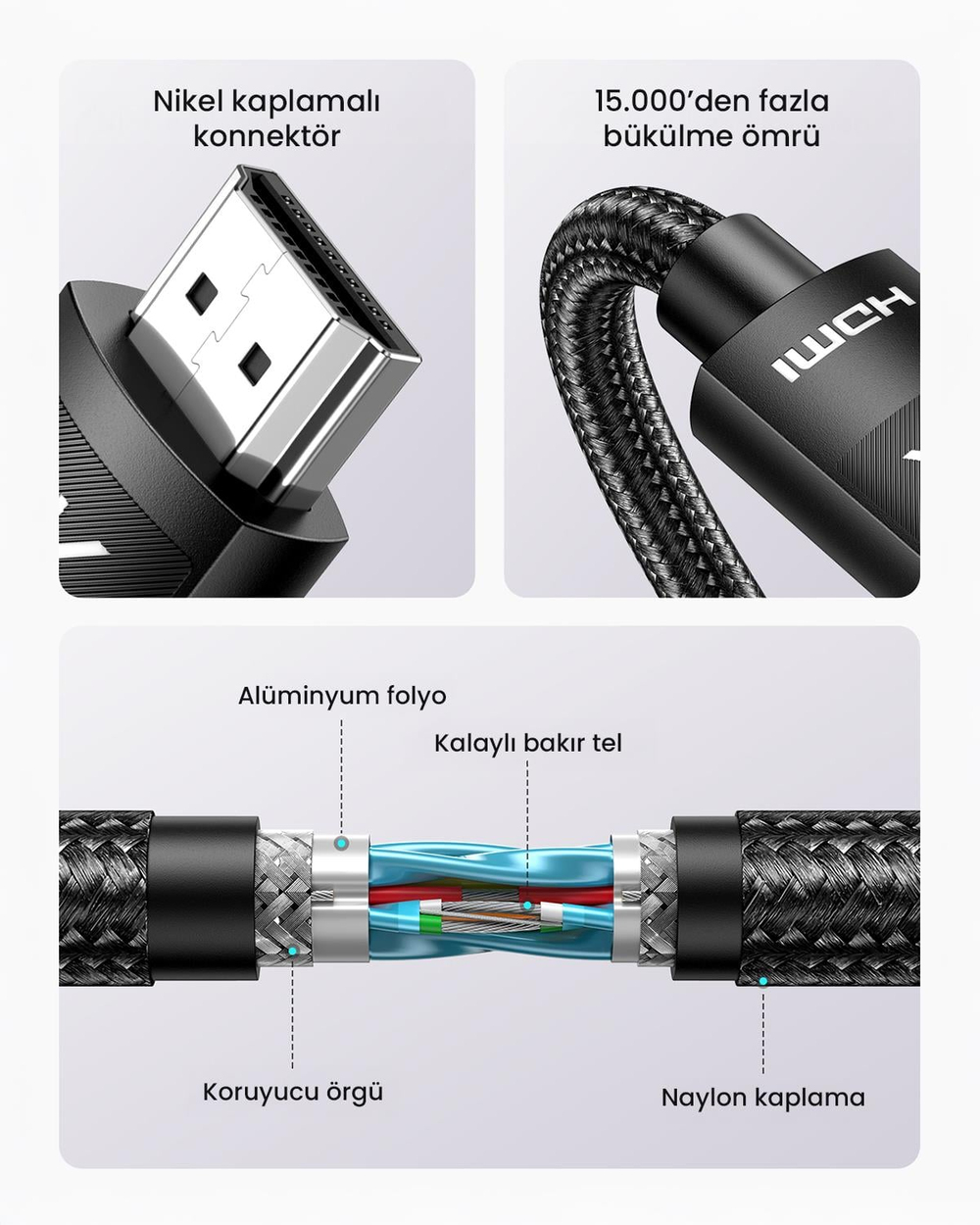 UGREEN 4K 60 Hz HDMI 2.0 Örgülü Görüntü Aktarıma Kablosu 3 Metre, 40102