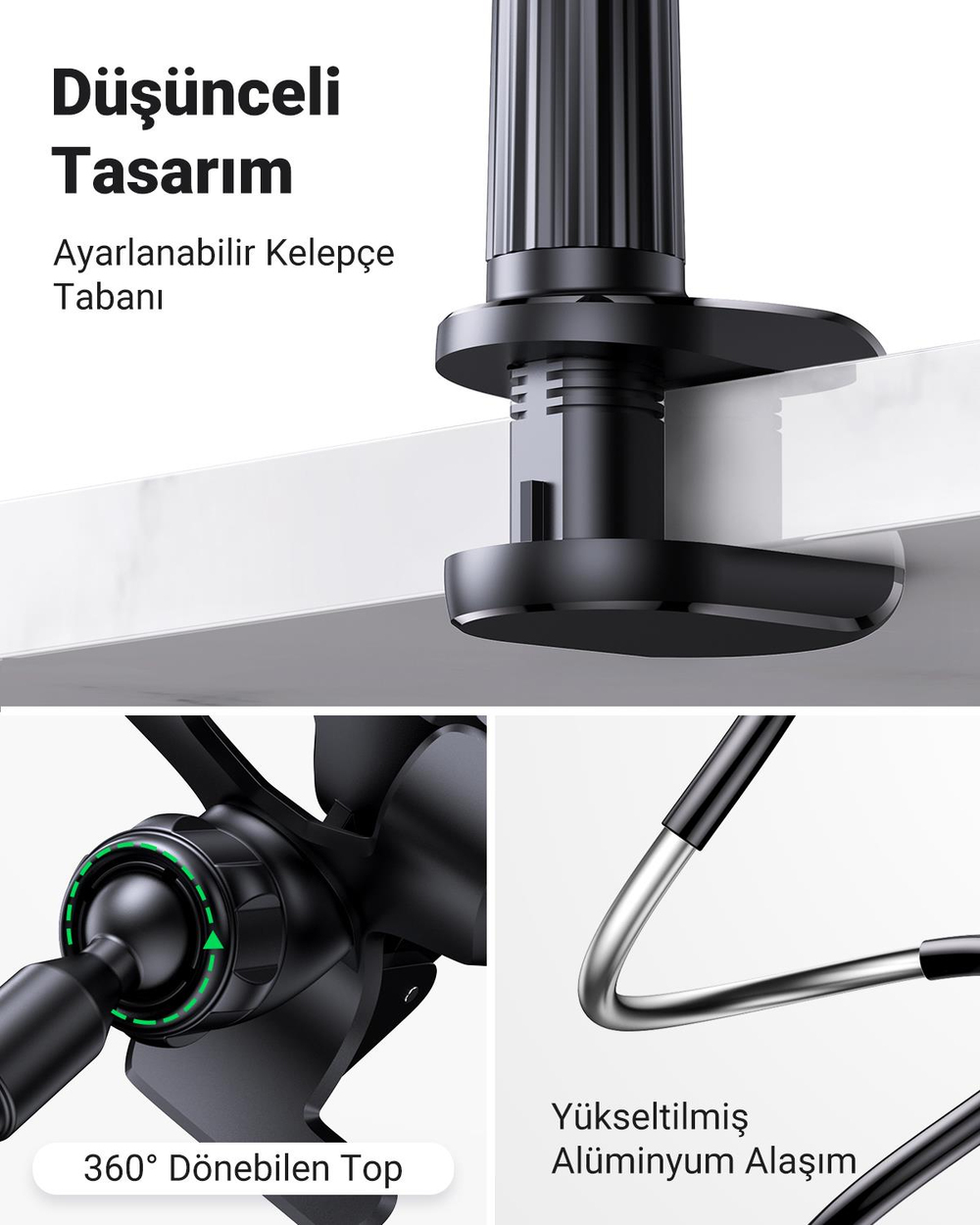 UGREEN Flexible Esnek Yatak Masa Telefon Tutucu, Siyah , 80906