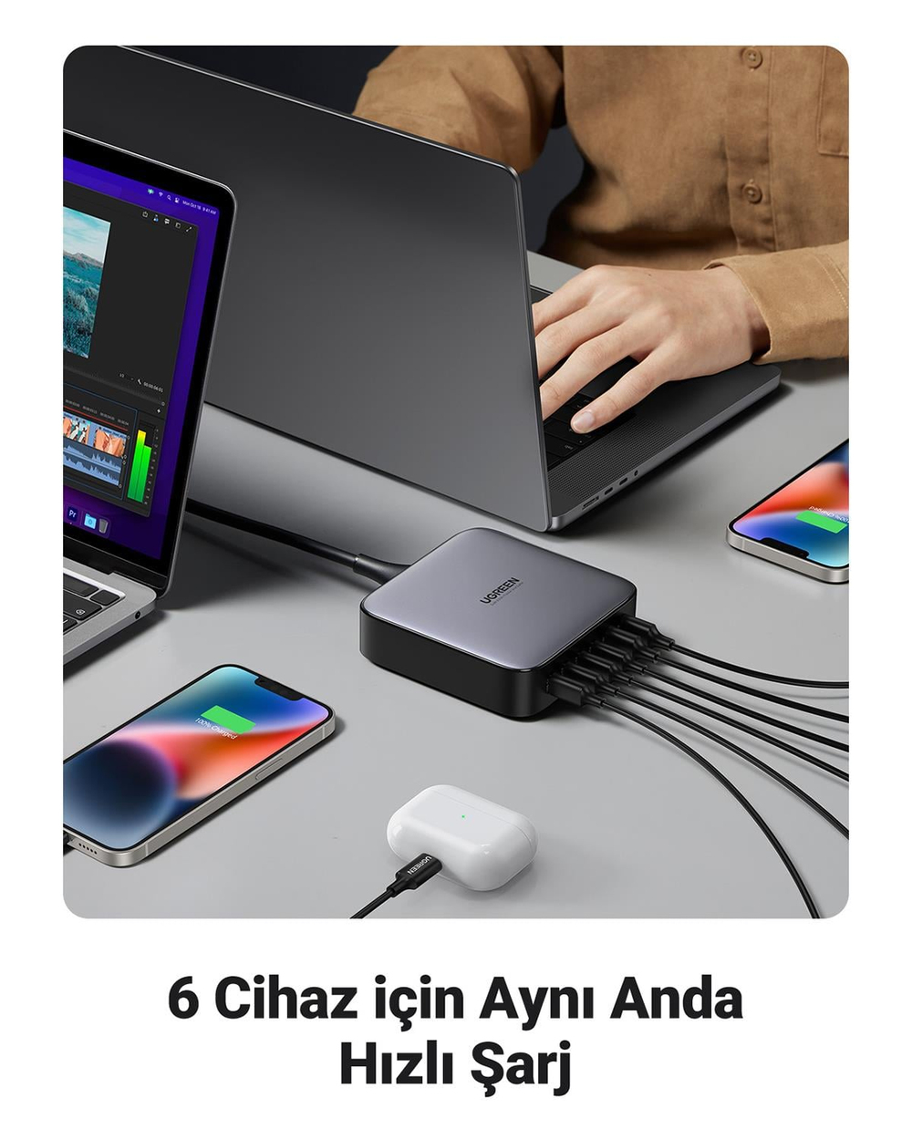 UGREEN Nexode 200W GaN II 6 Portlu Masaüstü Hızlı Şarj Cihazı İstasyonu 4xUSB-C, 2xUSB-A, 2M Kablolu, Gri, 40914