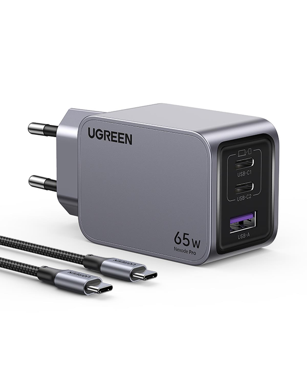 UGREEN Nexode Pro 65W GaN Hızlı Şarj Cihazı Type-C QC PD 2xUSB-C, 1xUSB-A, 1.5M 100W Kablo Dahil, Uzay Grisi, 25871