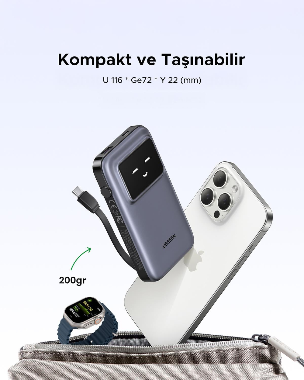 UGREEN Uno Dahili Kablolu 10.000 mAh 30W Hızlı Şarj Powerbank, Siyah, 35603B