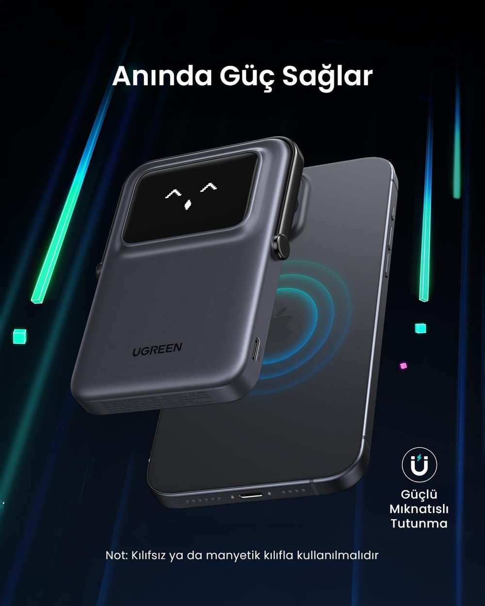 UGREEN Uno MagSafe Wireless 5.000 mAh 20W Hızlı Şarj Powerbank, Siyah, 35605B