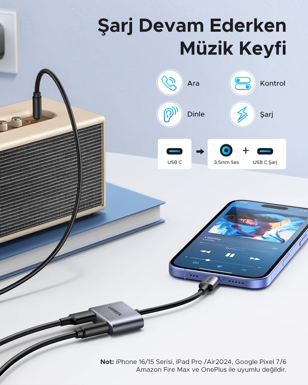 UGREEN USB-C 3.5mm Kulaklık Jakı Ses Adaptörü ve Şarj Cihazı DAC Tip C - Aux Kulaklık Ayırıcı, 60164