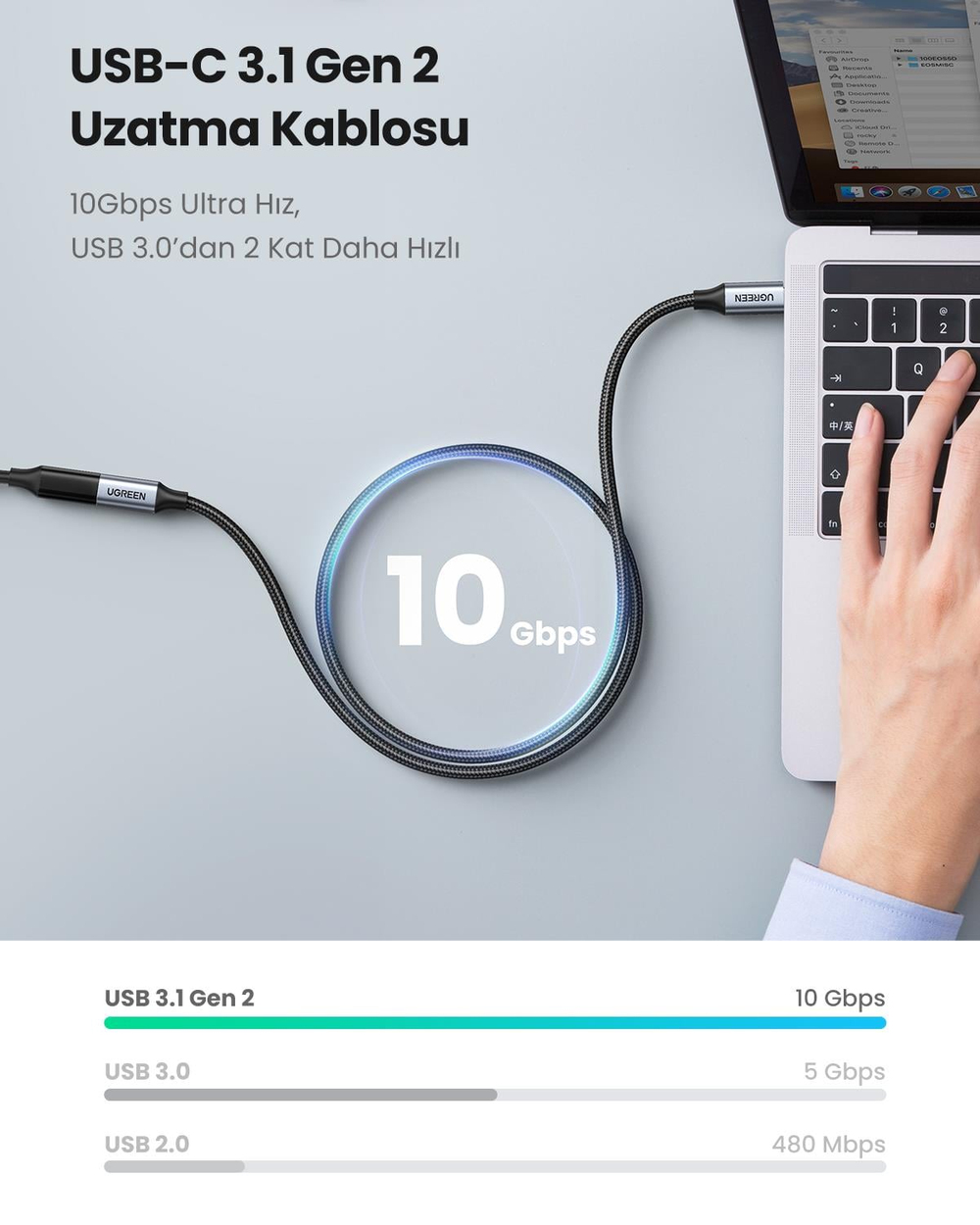 Ugreen USB C 3.1 Gen2 100W Thunderbolt 3 Alüminyum Gövde Örgülü Uzatma Kablosu 0.5m, Siyah, 80810