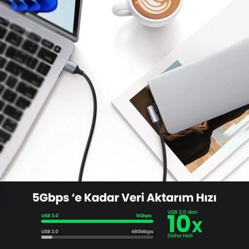 UGREEN USB-C to USB-A 3A QC 90 Derece USB 3.0 Hızlı Şarj Kablosu, 1 Metre, Uzay Grisi, 20299