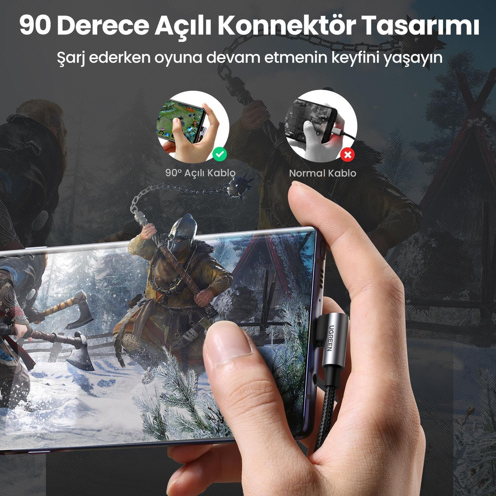 UGREEN USB-C to USB-A 3A QC 90 Derece Hızlı Şarj Kablosu, 3 Metre, Uzay Grisi, 70875