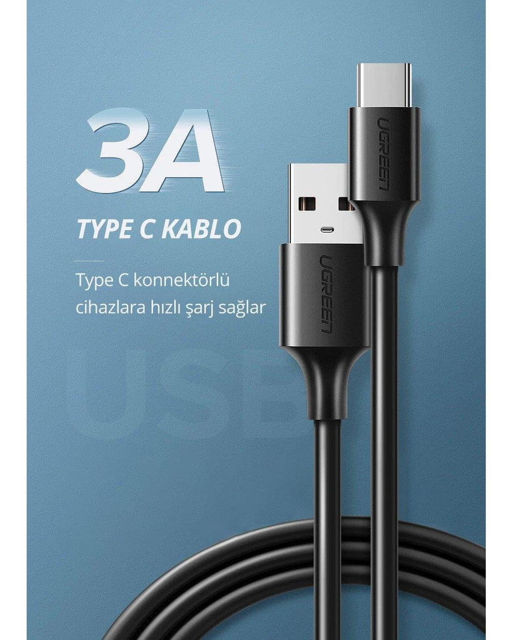 UGREEN USB-C to USB-A 3A QC Hızlı Şarj Kablosu, 2 Metre, Beyaz, 60123