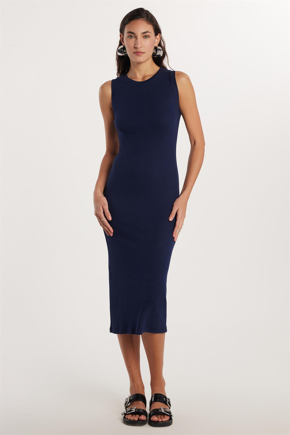Kadın Slim Fit Dar Kesim Modal Bisiklet Yaka Sıfır Kol Maxi Lacivert Elbise