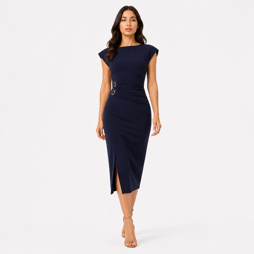 Metal Tokalı Drape Detaylı Kalem Elbise Laci