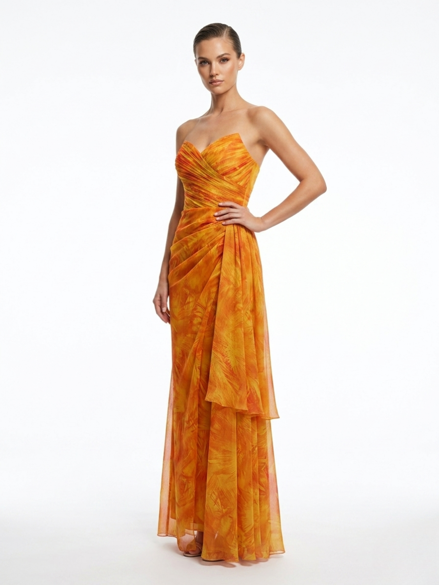 Straplez Desenli Şifon Elbise Orange
