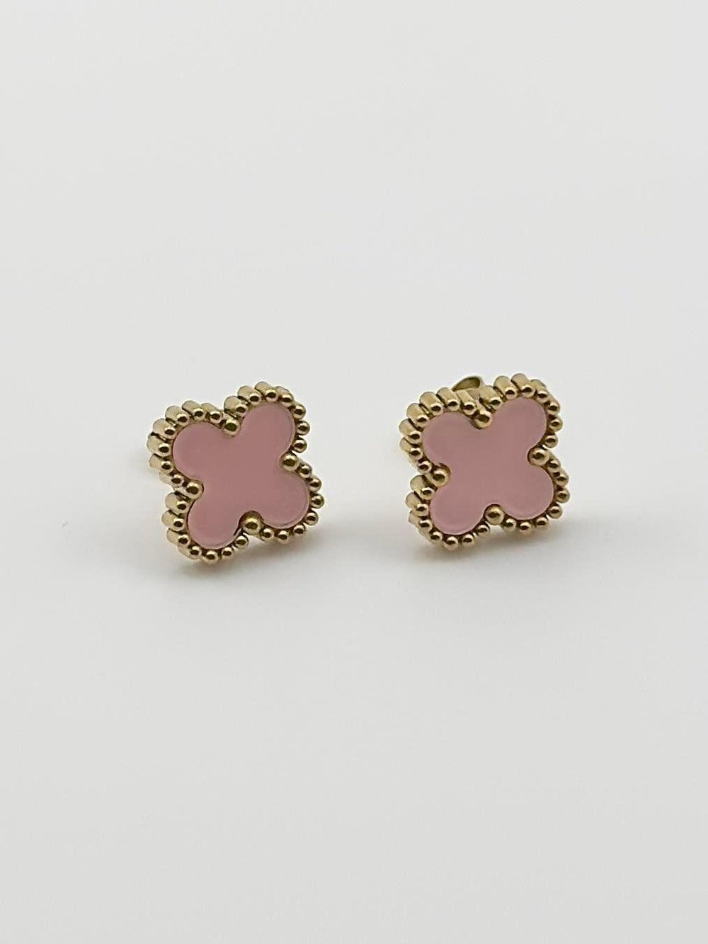 Çelik Yonca Model Küpe Pembe Gold Renk