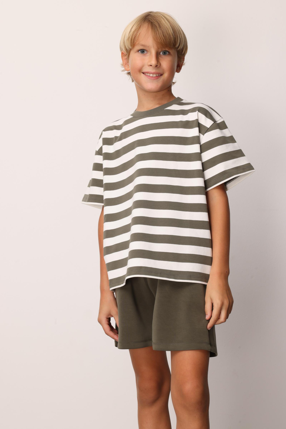 Çocuk Çizgili  T-shirt-Haki Beyaz